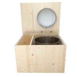 Toilette sèche en bois brut avec bac, seau inox, bavette inox et abattant déclipsable blanc