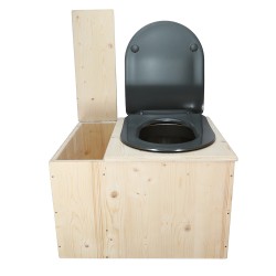 Toilette sèche en bois brut avec bac, seau inox, bavette inox et abattant déclipsable gris