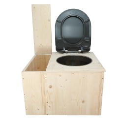 Toilette sèche en bois brut avec bac, seau inox, bavette inox et abattant déclipsable gris