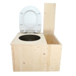 Toilette sèche en bois brut avec bac à droite, seau inox, bavette inox et abattant déclipsable blanc