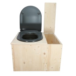 Toilette sèche en bois brut avec bac à droite, seau inox, bavette inox et abattant déclipsable gris