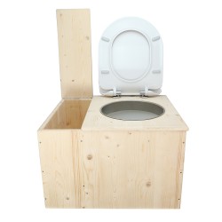 Toilette sèche en bois brut avec bac, seau 22L plastique, bavette inox et abattant déclipsable blanc