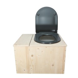 Toilette sèche en bois brut avec bac, seau 22L plastique, bavette inox et abattant déclipsable gris