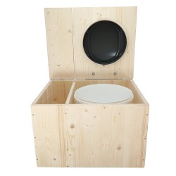Toilette sèche en bois brut avec bac, seau 22L plastique, bavette inox et abattant déclipsable gris