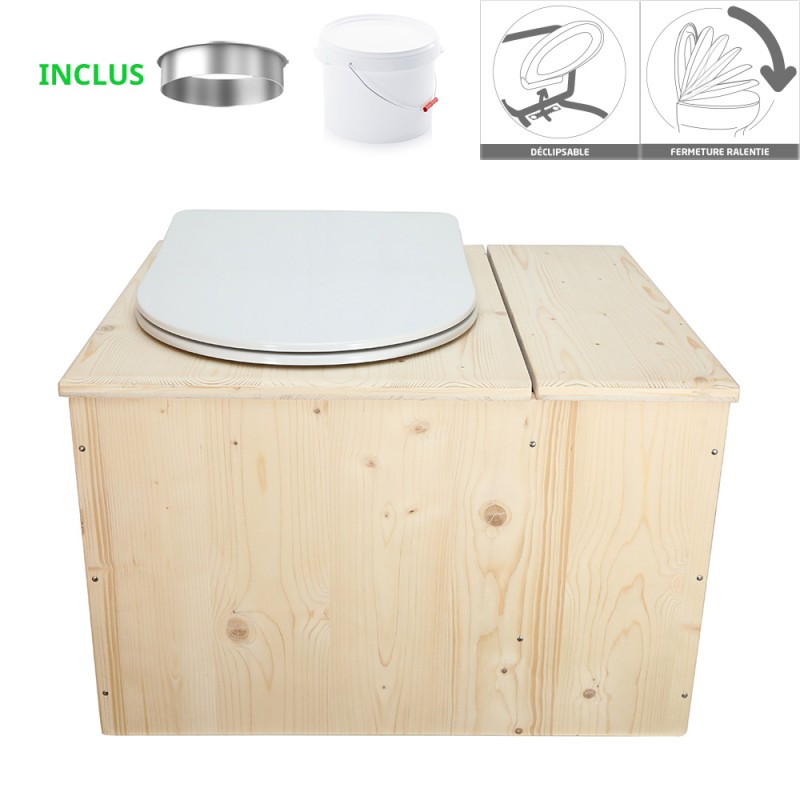 Toilette sèche en bois brut avec bac à droite, seau 22L plastique, bavette inox et abattant déclipsable blanc