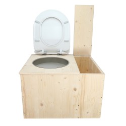 Toilette sèche en bois brut avec bac à droite, seau 22L plastique, bavette inox et abattant déclipsable blanc