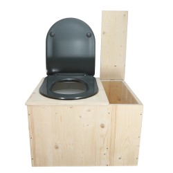 Toilette sèche en bois brut avec bac à droite, seau 22L plastique, bavette inox et abattant déclipsable gris