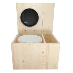Toilette sèche en bois brut avec bac à droite, seau 22L plastique, bavette inox et abattant déclipsable gris