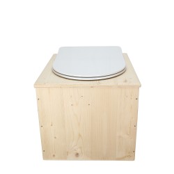 Toilette sèche en bois brut avec seau 22L plastique, bavette inox et abattant déclipsable blanc