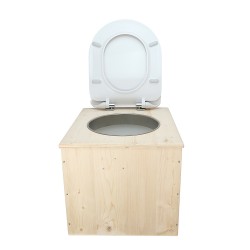 Toilette sèche en bois brut avec seau 22L plastique, bavette inox et abattant déclipsable blanc