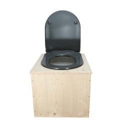 Toilette sèche en bois brut avec seau 22L plastique, bavette inox et abattant déclipsable gris