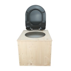 Toilette sèche en bois brut avec seau 22L plastique, bavette inox et abattant déclipsable gris