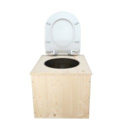 Toilette sèche en bois brut avec seau inox, bavette inox et abattant déclipsable blanc