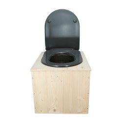 Toilette sèche en bois brut avec seau inox, bavette inox et abattant déclipsable gris