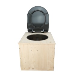 Toilette sèche en bois brut avec seau inox, bavette inox et abattant déclipsable gris