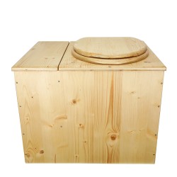 Toilette sèche en bois huilé, modèle complet avec seau et bavette inox. Hauteur PMR 50 cm.