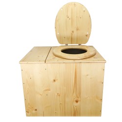 Toilette sèche en bois huilé, modèle complet avec seau et bavette inox. Hauteur PMR 50 cm.