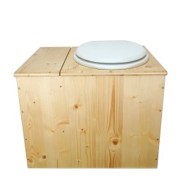 Toilette sèche en bois huilé avec bac intégré, abattant blanc seau inox et bavette inox. Hauteur PMR 50 cm.