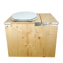 Toilette sèche en bois huilé avec bac intégré, abattant blanc seau inox et bavette inox. Hauteur PMR 50 cm.