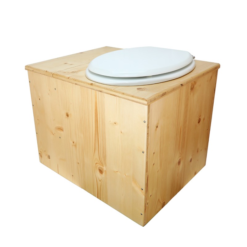 Toilette sèche arrondie huilé/noire, abattant gris, seau inox, bavette