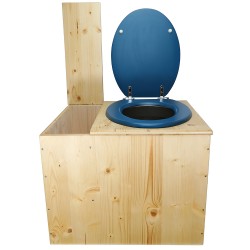 Toilette sèche en bois huilé avec bac intégré, abattant bleu nuit, seau inox et bavette inox. Hauteur PMR 50 cm.