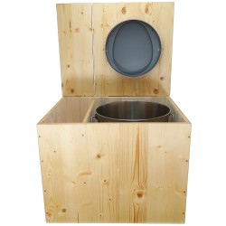 Toilette sèche en bois huilé avec bac intégré, abattant gris, seau inox et bavette inox. Hauteur PMR 50 cm.
