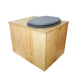 Toilette sèche en bois huilé avec bac intégré, abattant gris, seau inox et bavette inox. Hauteur PMR 50 cm.