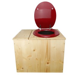 Toilette sèche en bois huilé avec bac intégré, abattant rouge framboise, seau inox et bavette inox. Hauteur PMR 50 cm.
