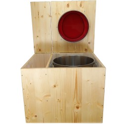 Toilette sèche en bois huilé avec bac intégré, abattant rouge framboise, seau inox et bavette inox. Hauteur PMR 50 cm.