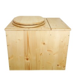 Toilette sèche rehaussée en bois huilé avec bac à droite, seau et bavette inox. Hauteur d’assise 50 cm.