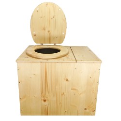 Toilette sèche rehaussée en bois huilé avec bac à droite, seau et bavette inox. Hauteur d’assise 50 cm.