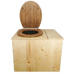 Toilette sèche en bois huilé avec bac intégré à droite, abattant bambou seau inox et bavette inox. Hauteur PMR 50 cm.