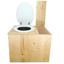 Toilette sèche en bois huilé avec bac intégré à droite, abattant blanc, seau inox et bavette inox. Hauteur PMR 50 cm.