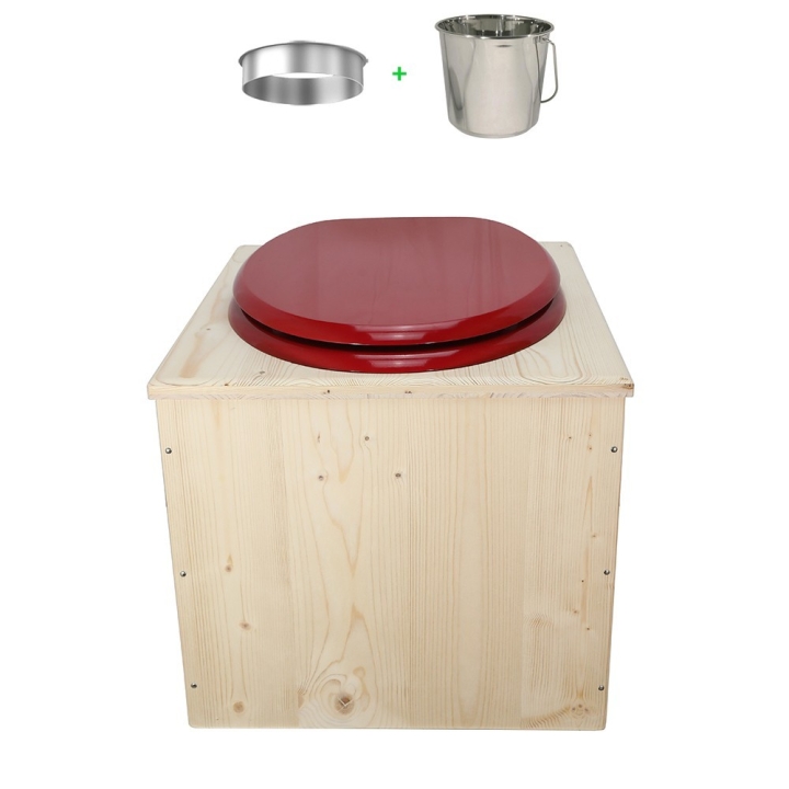Toilette sèche en bois brut avec seau inox