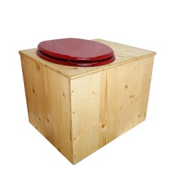 Toilette sèche en bois huilé avec bac intégré à droite, abattant rouge, seau inox et bavette inox. Hauteur PMR 50 cm.
