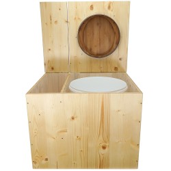 Toilette sèche rehaussée huilée avec bac à copeaux de bois, bavette inox, seau plastique 22L, abattant bambou