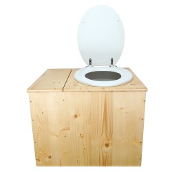 Toilette sèche rehaussée huilée avec bac à copeaux de bois, bavette inox, seau plastique 22L, abattant blanc