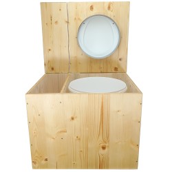 Toilette sèche rehaussée huilée avec bac à copeaux de bois, bavette inox, seau plastique 22L, abattant blanc