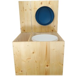Toilette sèche rehaussée huilée avec bac à copeaux de bois, bavette inox, seau plastique 22L, abattant bleu