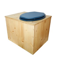 Toilette sèche rehaussée huilée avec bac à copeaux de bois, bavette inox, seau plastique 22L, abattant bleu