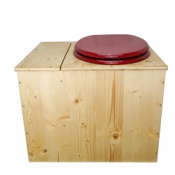Toilette sèche rehaussée huilée avec bac à copeaux de bois, bavette inox, seau plastique 22L, abattant rouge