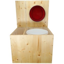 Toilette sèche rehaussée huilée avec bac à copeaux de bois, bavette inox, seau plastique 22L, abattant rouge