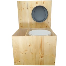 Toilette sèche rehaussée huilée avec bac à copeaux de bois, bavette inox, seau plastique 22L, abattant gris