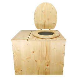 Toilette sèche rehaussée huilée avec bac à copeaux de bois, bavette inox, seau plastique 22L, abattant bois huilé