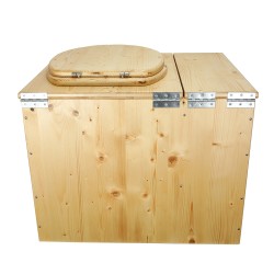 Toilette sèche rehaussée huilée avec bac à copeaux de bois, bavette inox, seau plastique 22L, abattant bois huilé