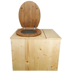 Toilette sèche rehaussée huilée avec bac à copeaux de bois à droite, bavette inox, seau plastique 22L, abattant bambou