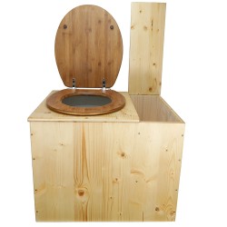 Toilette sèche rehaussée huilée avec bac à copeaux de bois à droite, bavette inox, seau plastique 22L, abattant bambou