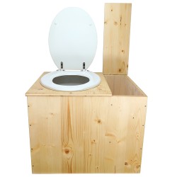 Toilette sèche rehaussée huilée avec bac à copeaux de bois à droite, bavette inox, seau plastique 22L, abattant blanc