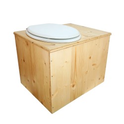 Toilette sèche rehaussée huilée avec bac à copeaux de bois à droite, bavette inox, seau plastique 22L, abattant blanc