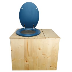Toilette sèche rehaussée huilée avec bac à copeaux de bois à droite, bavette inox, seau plastique 22L, abattant bleu